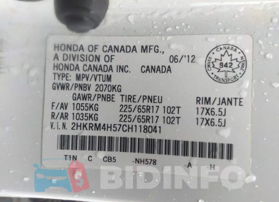 2HKRM4H57CH118041 Photo# 9