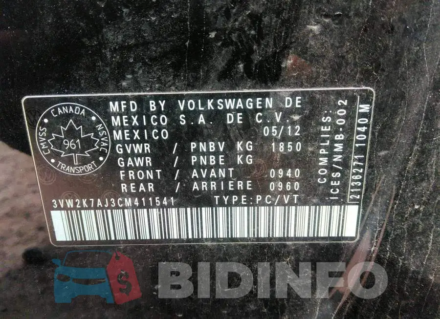 3VW2K7AJ3CM411541 Photo# 9