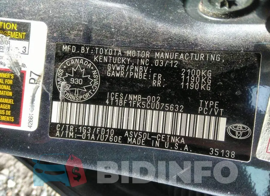 4T1BF1FK5CU075632 Photo# 9