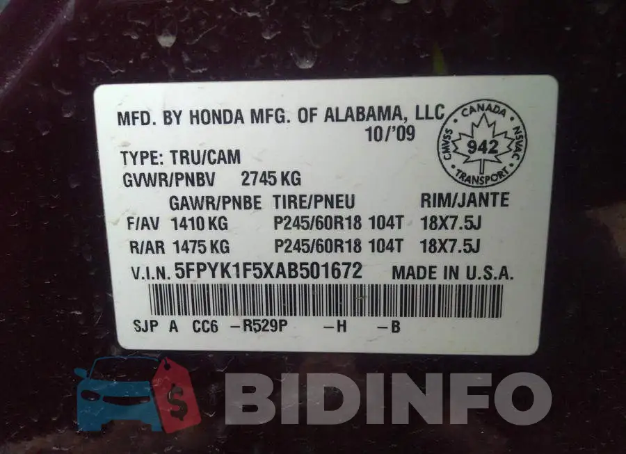 5FPYK1F5XAB501672 Photo# 9