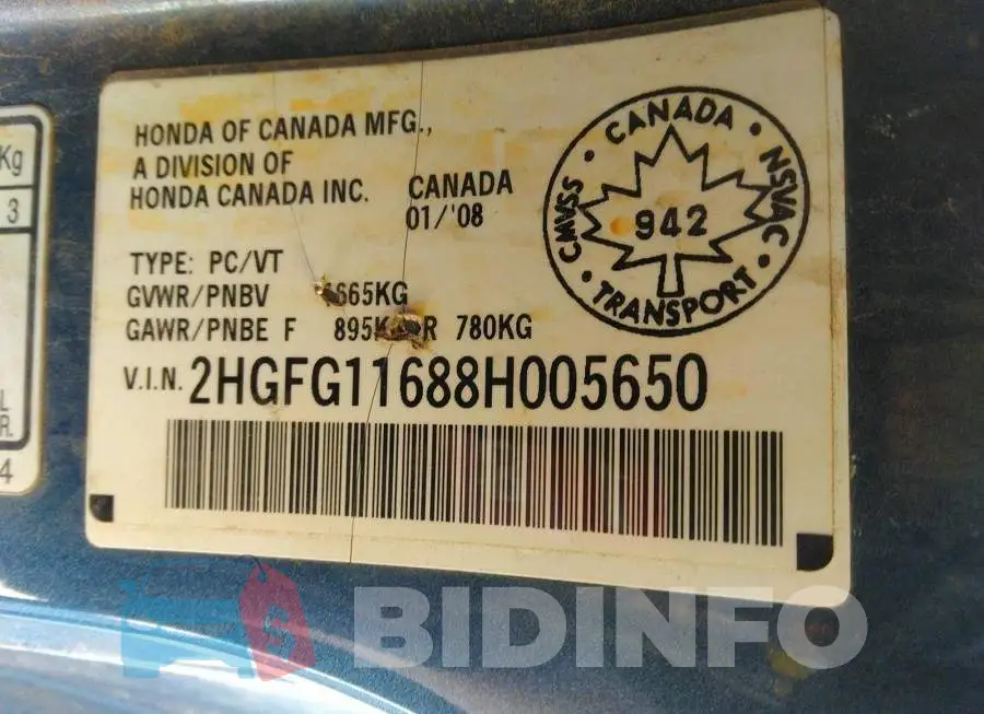 2HGFG11688H005650 Photo# 9