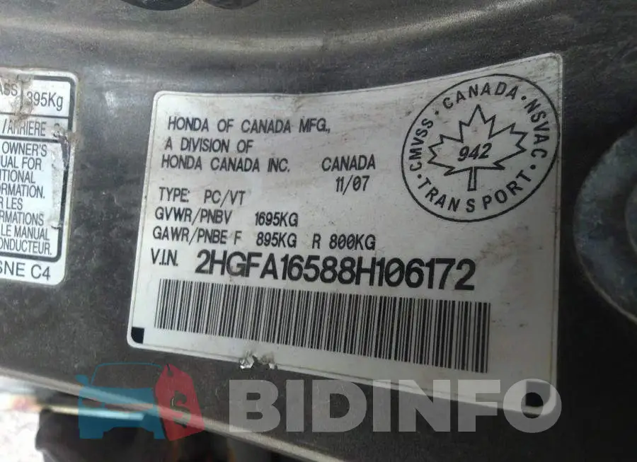 2HGFA16588H106172 Photo# 9