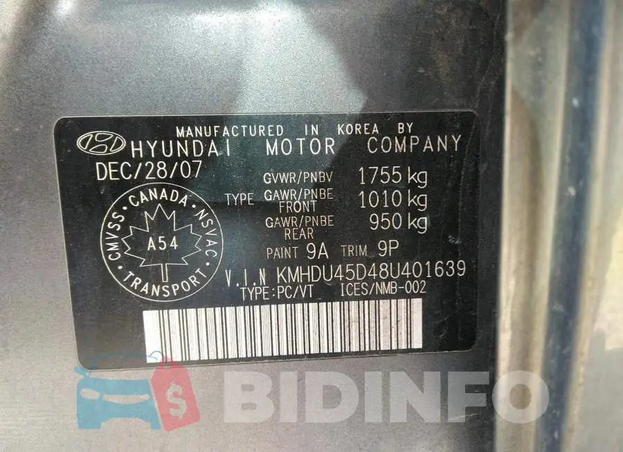 KMHDU45D48U401639 Photo# 9