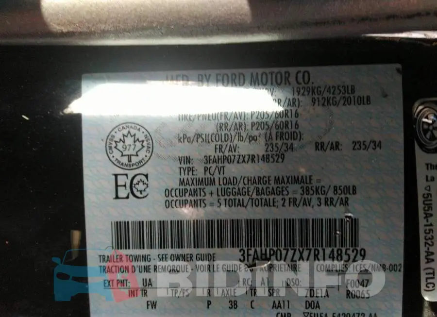 3FAHP07ZX7R148529 Photo# 9