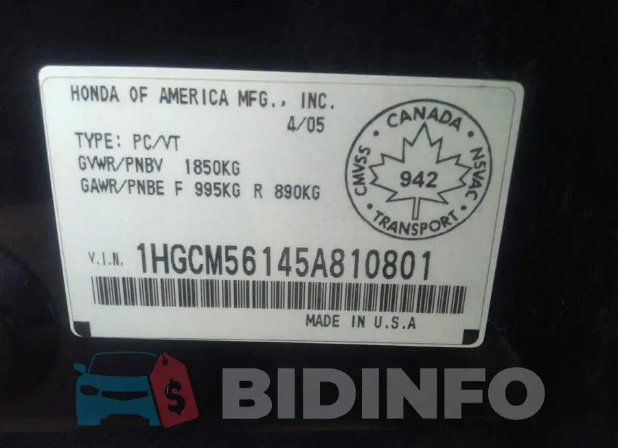 1HGCM56145A810801 Photo# 9