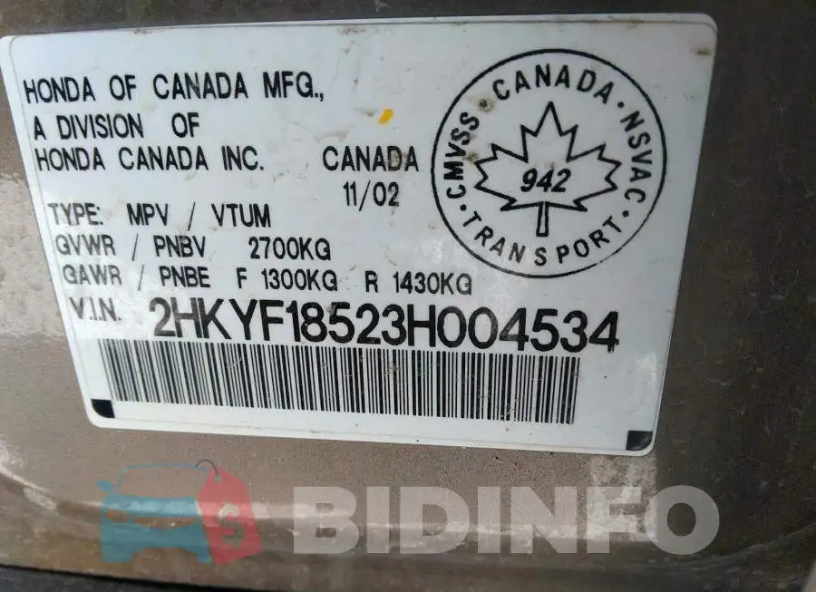 2HKYF18523H004534 Photo# 9