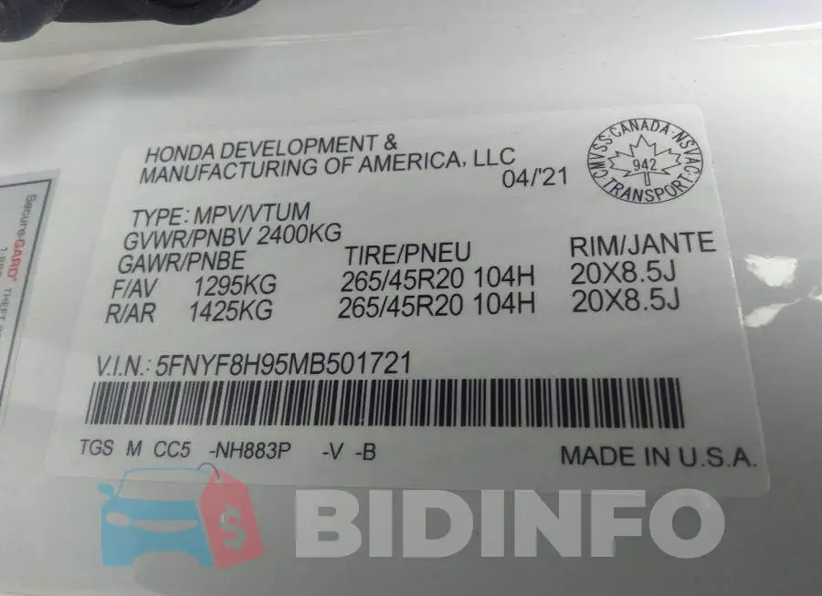5FNYF8H95MB501721 Photo# 9