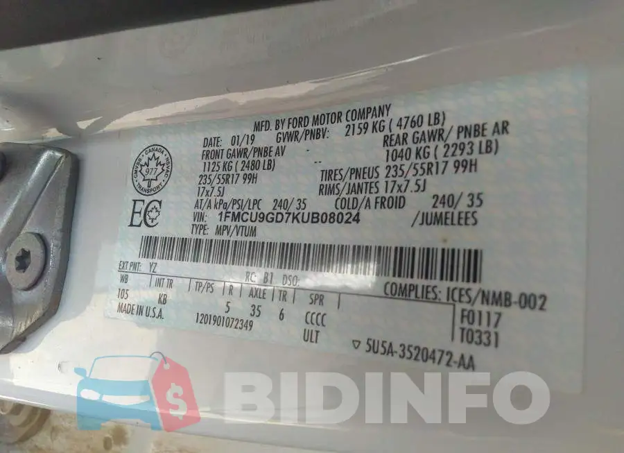 1FMCU9GD7KUB08024 Photo# 9