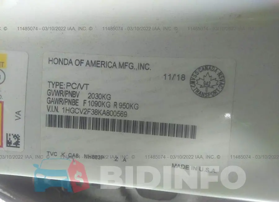 1HGCV2F38KA800569 Photo# 9