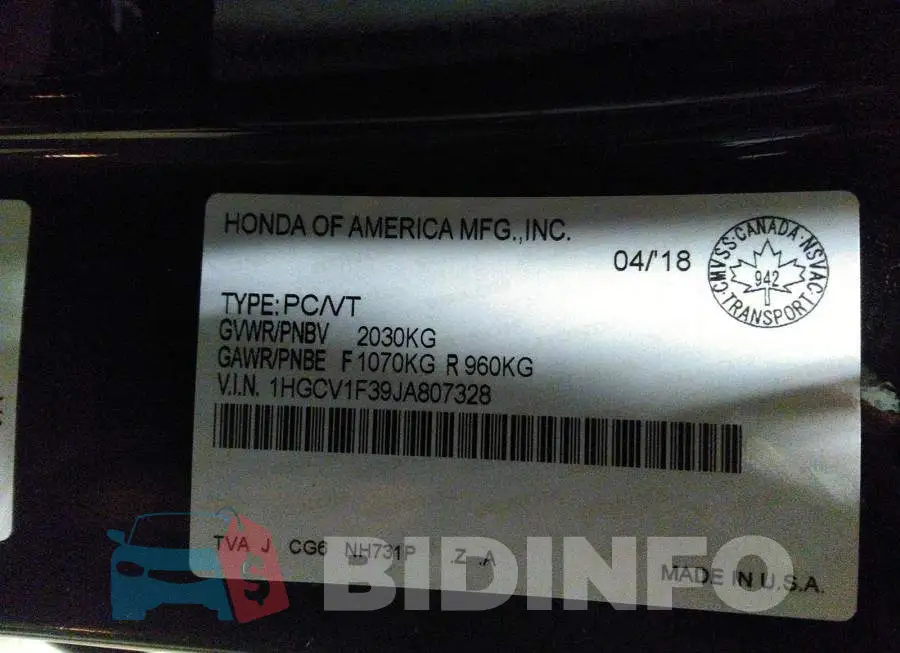 1HGCV1F39JA807328 Photo# 9