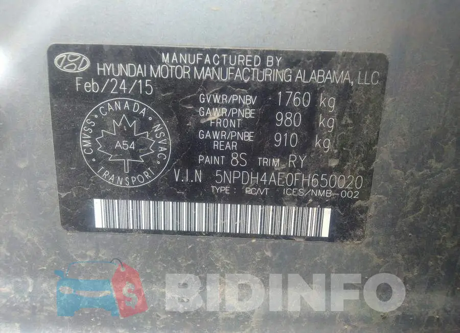 5NPDH4AE0FH650020 Photo# 9