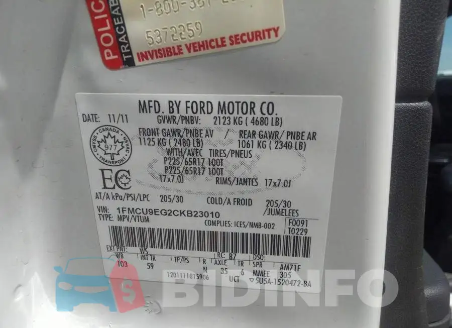 1FMCU9EG2CKB23010 Photo# 9