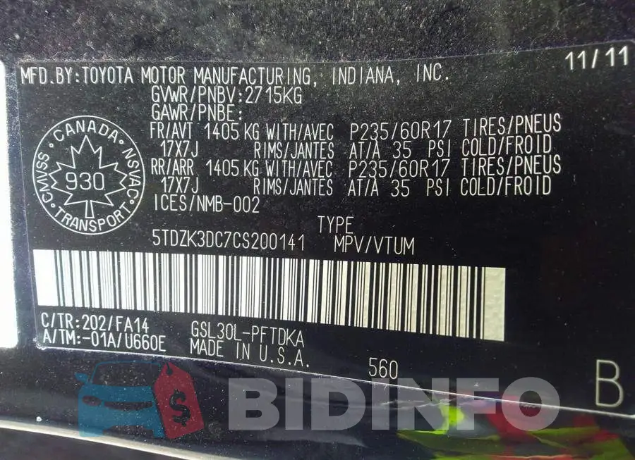 5TDZK3DC7CS200141 Photo# 9