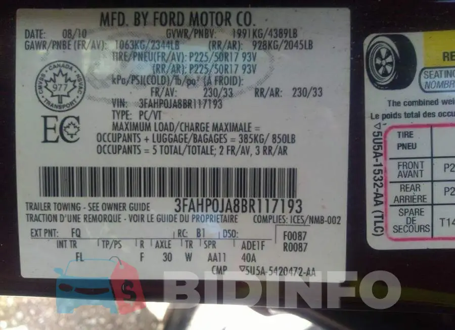3FAHP0JA8BR117193 Photo# 9