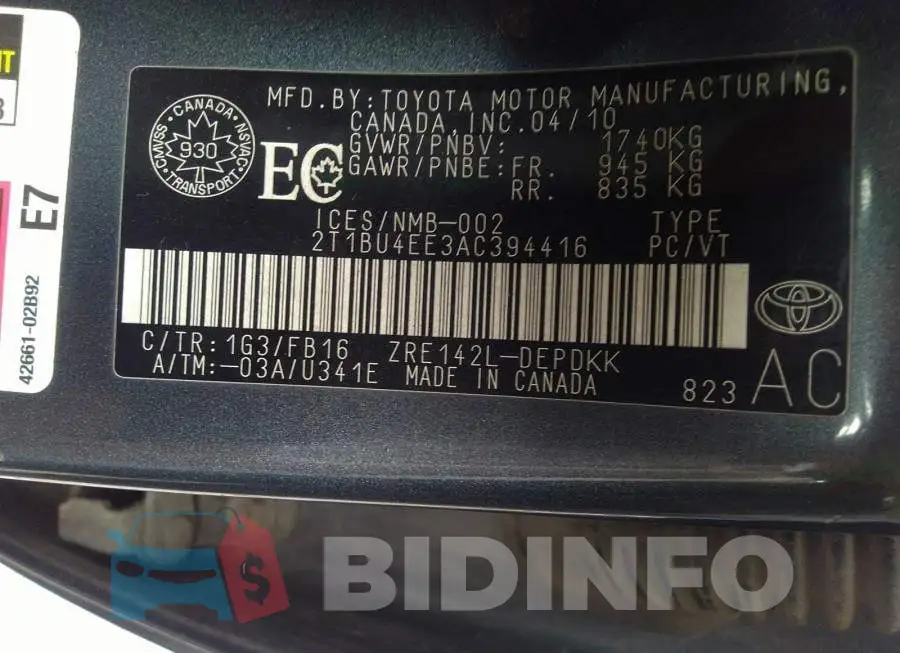 2T1BU4EE3AC394416 Photo# 9