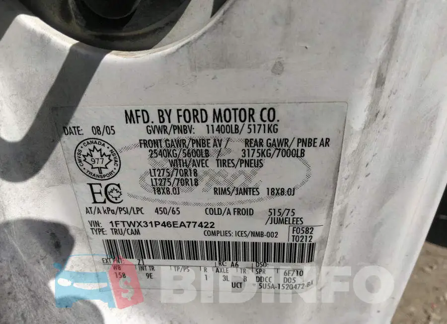 1FTWX31P46EA77422 Photo# 9