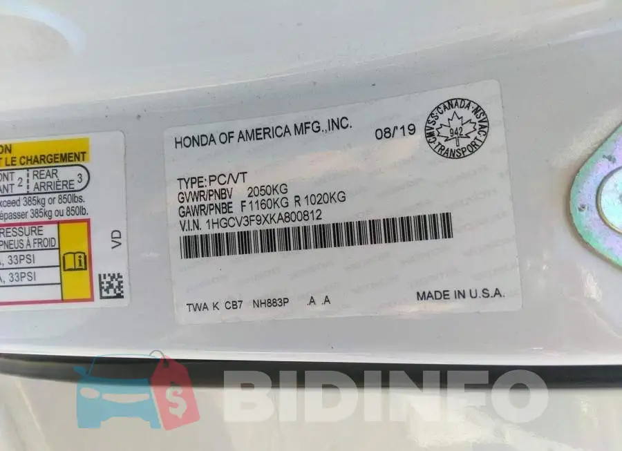 1HGCV3F9XKA800812 Photo# 9