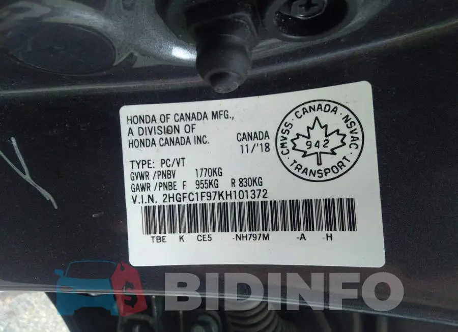 2HGFC1F97KH101372 Photo# 9