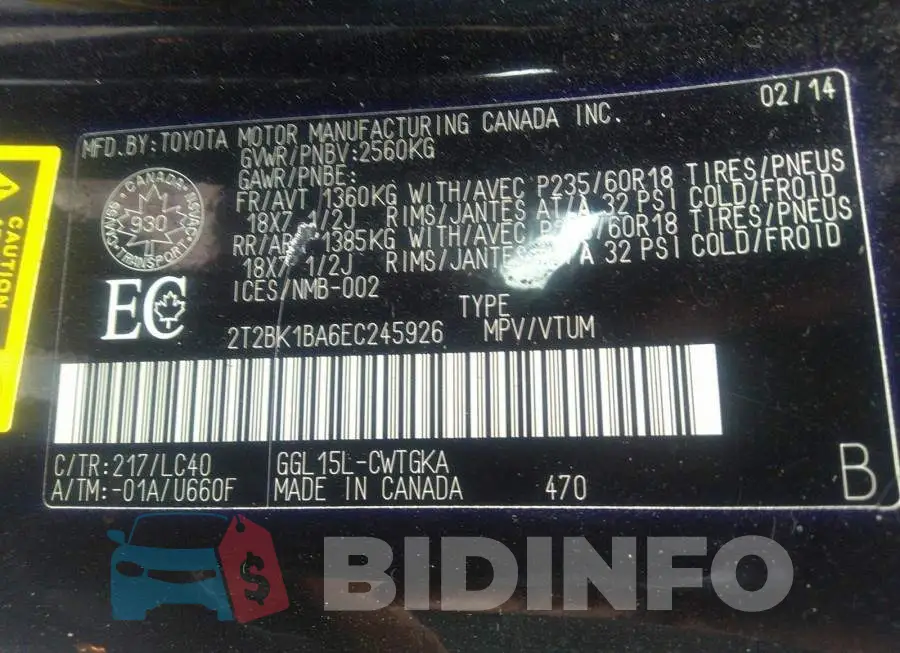 2T2BK1BA6EC245926 Photo# 10