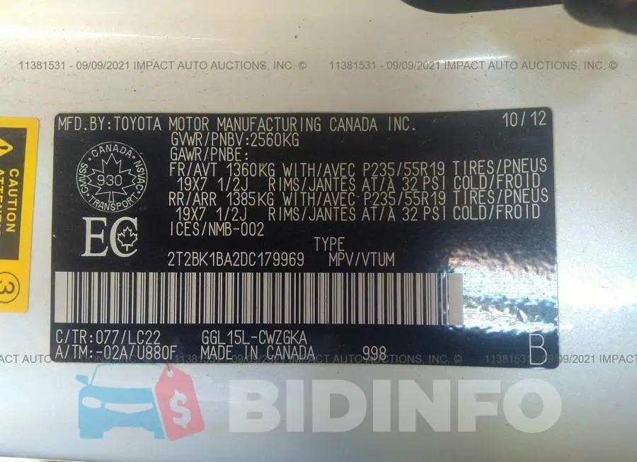 2T2BK1BA2DC179969 Photo# 9