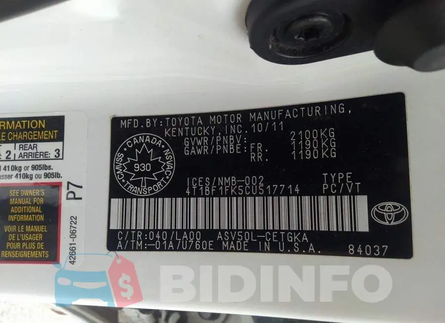 4T1BF1FK5CU517714 Photo# 9