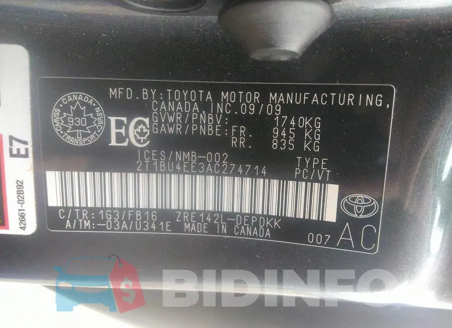 2T1BU4EE3AC274714 Photo# 9