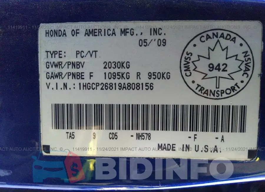 1HGCP26819A808156 Photo# 9