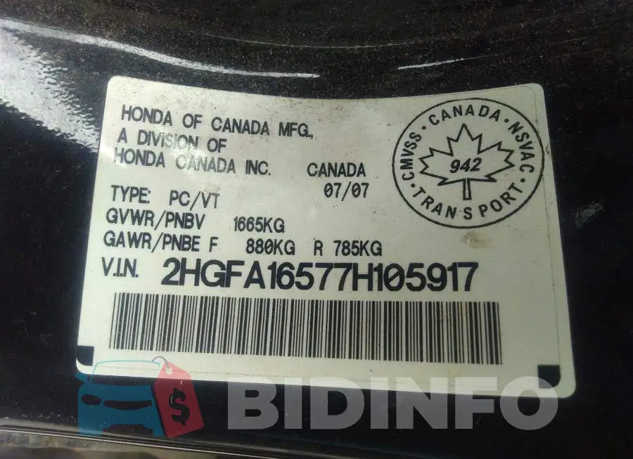 2HGFA16577H105917 Photo# 9