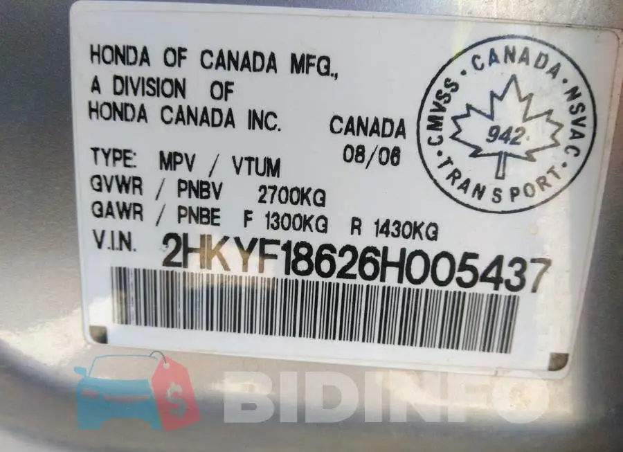 2HKYF18626H005437 Photo# 9