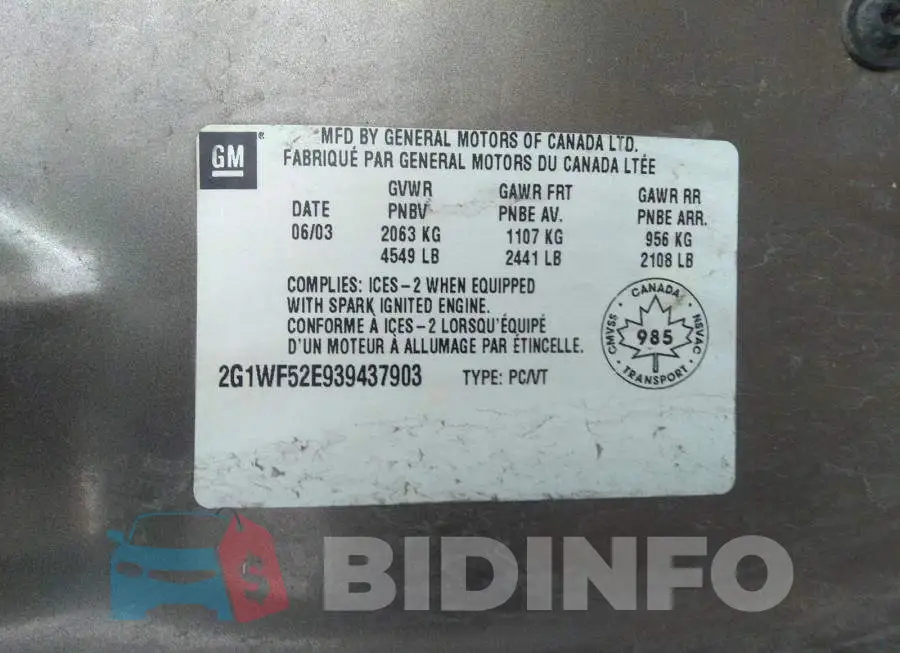 2G1WF52E939437903 Photo# 9