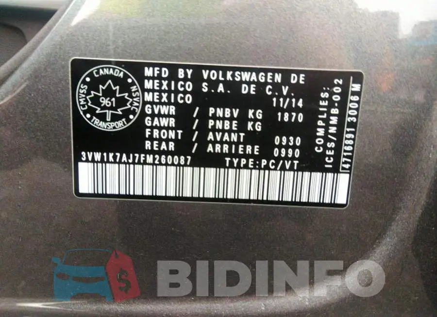 3VW1K7AJ7FM260087 Photo# 9