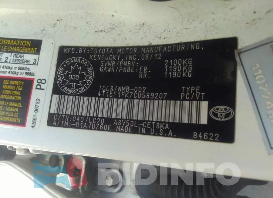 4T1BF1FK7CU589207 Photo# 9