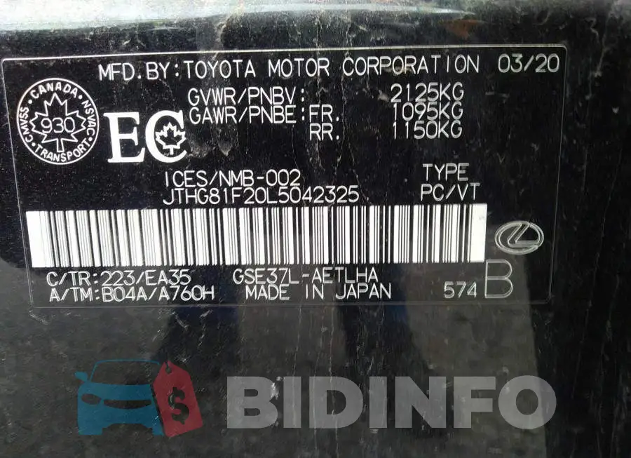 JTHG81F20L5042325 Photo# 9
