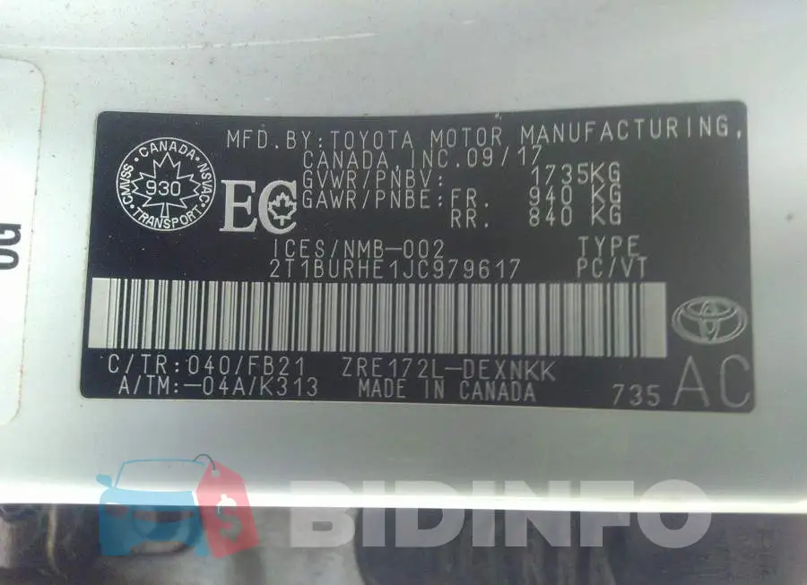2T1BURHE1JC979617 Photo# 9