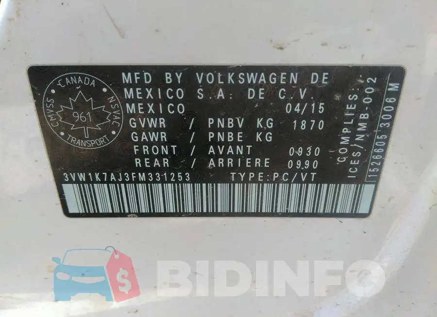 3VW1K7AJ3FM331253 Photo# 9
