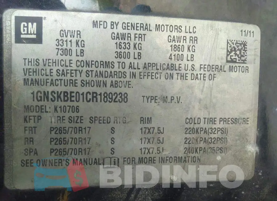 1GNSKBE01CR189238 Photo# 9