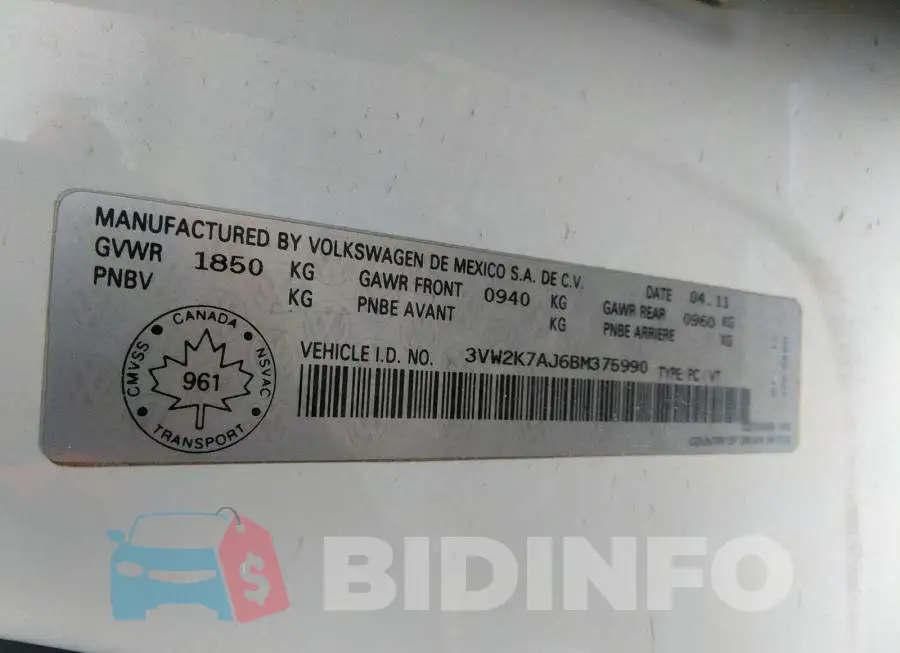 3VW2K7AJ6BM375990 Photo# 9