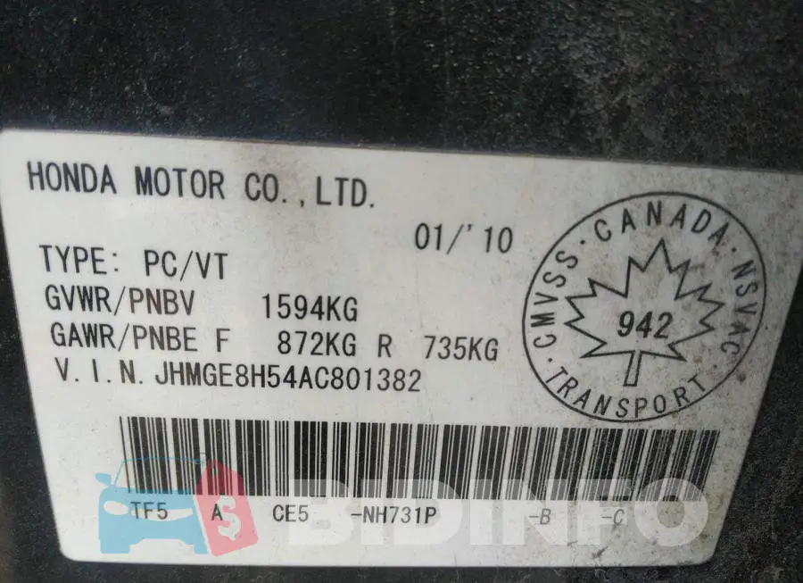 JHMGE8H54AC801382 Photo# 9