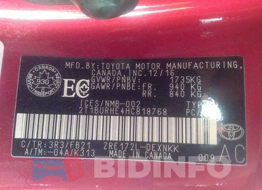 2T1BURHE4HC818768 Photo# 9