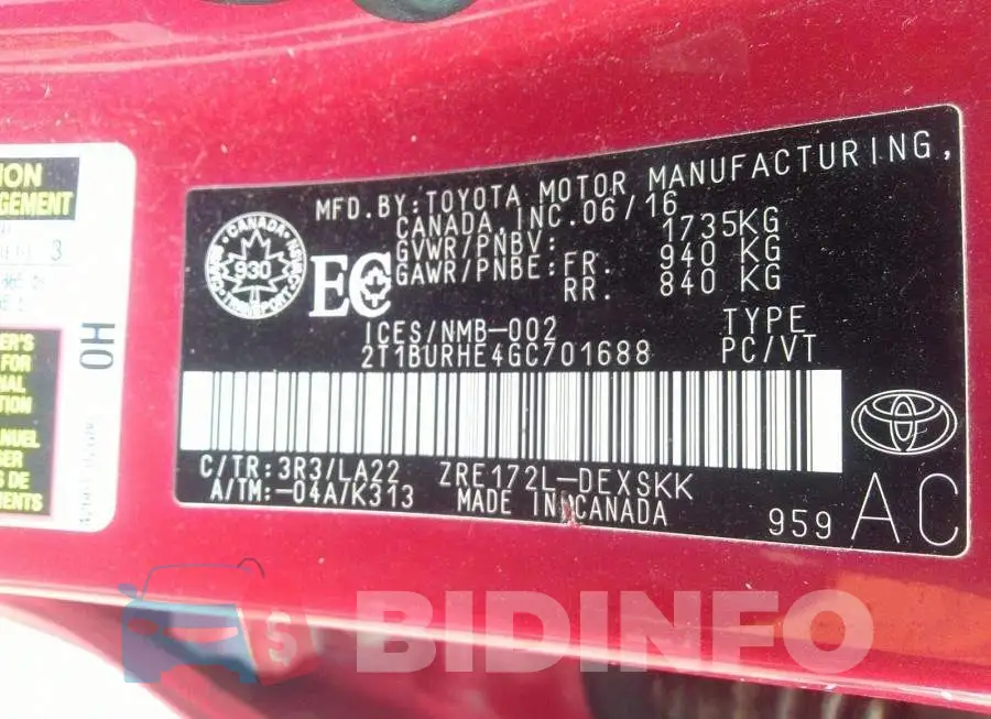 2T1BURHE4GC701688 Photo# 9