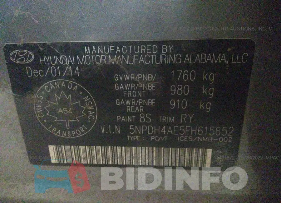 5NPDH4AE5FH615652 Photo# 9