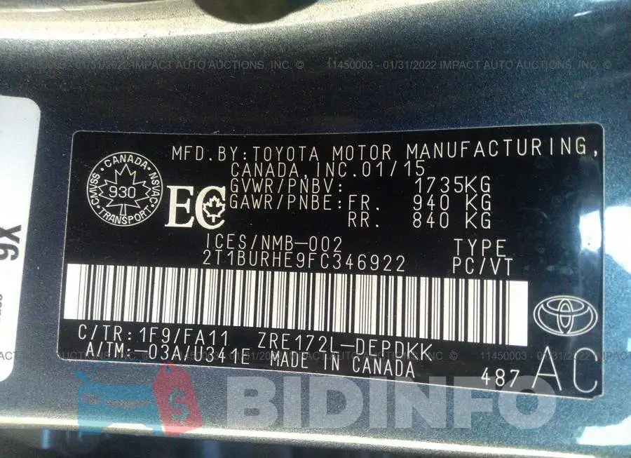 2T1BURHE9FC346922 Photo# 9
