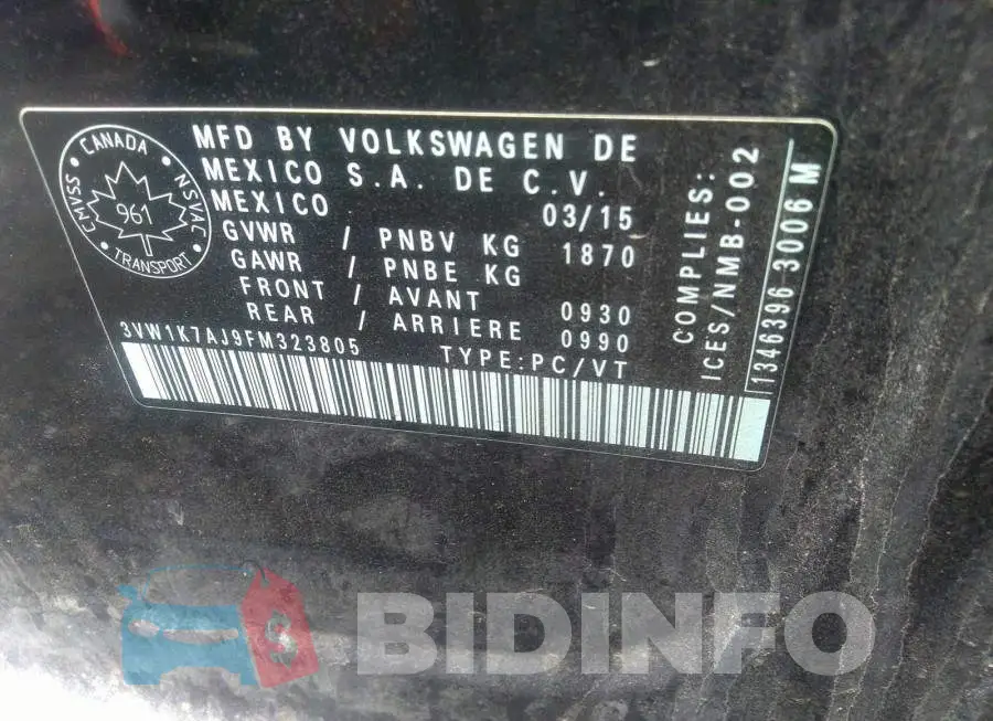 3VW1K7AJ9FM323805 Photo# 9
