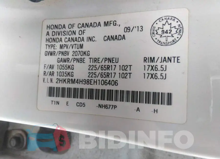 2HKRM4H98EH106406 Photo# 9