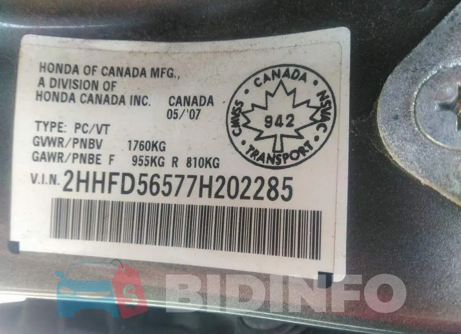 2HHFD56577H202285 Photo# 9