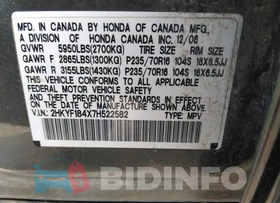 2HKYF184X7H522582 Photo# 9