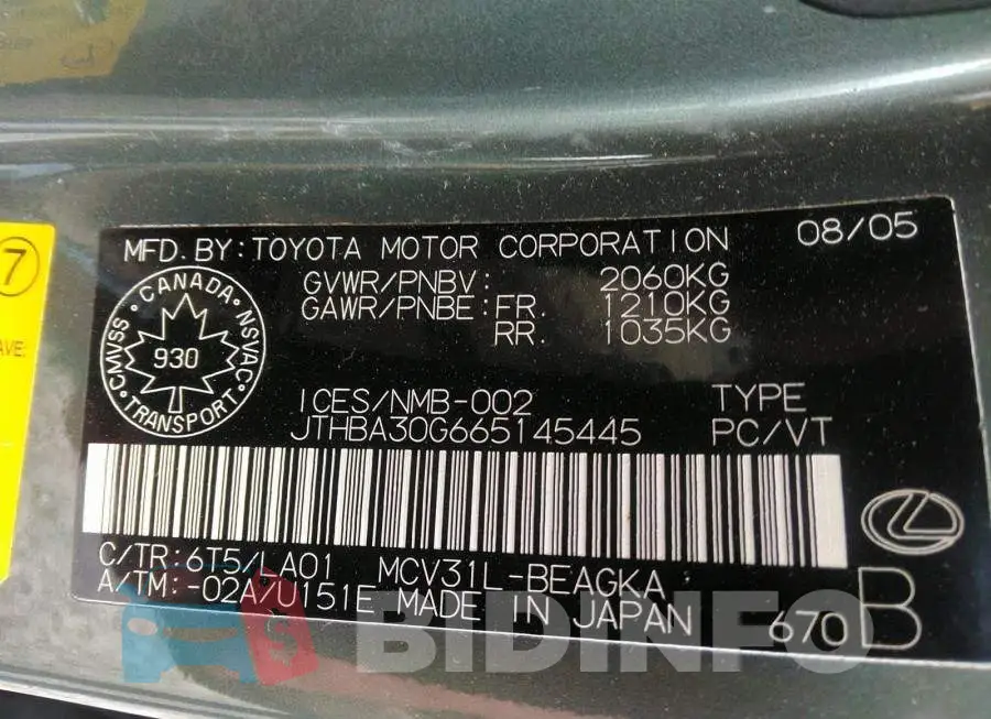 JTHBA30G665145445 Photo# 9