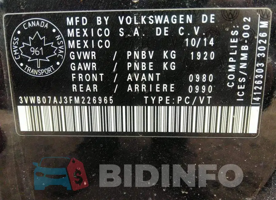 3VWB07AJ3FM226965 Photo# 9