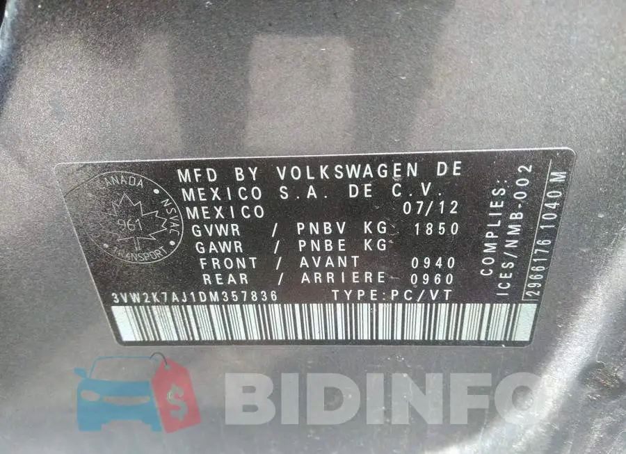 3VW2K7AJ1DM357836 Photo# 9