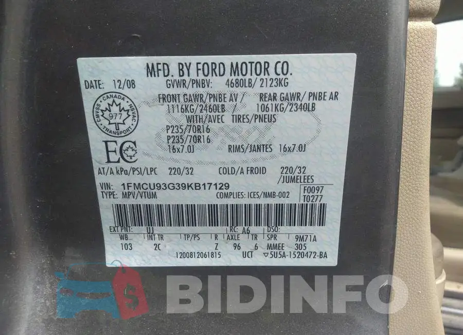 1FMCU93G39KB17129 Photo# 9